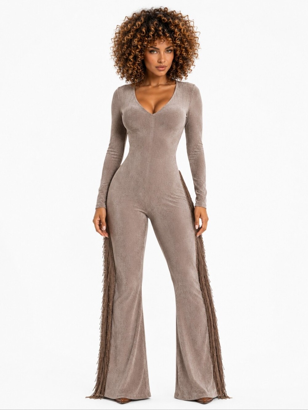 FRINGE JUMPSUIT Taupe LARGE Long Sleeve Stretch Flared Leg Romper COWGIRL CHIC